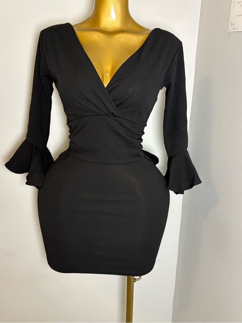 Women's Black Wrap-Style Ruffle Sleeve Dress